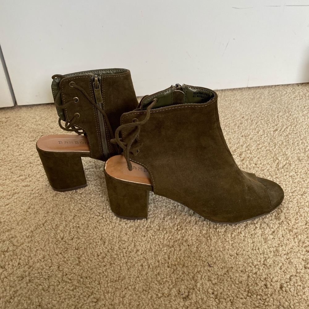 Army green suede open-toed booties